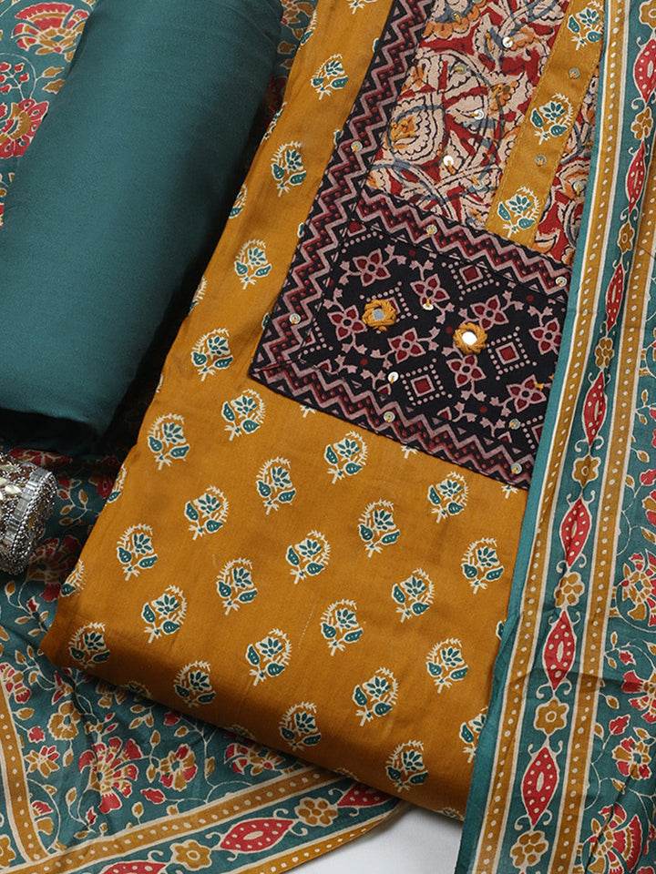 Printed Cotton Blend Unstitched Suit With Pant &amp; Dupatta