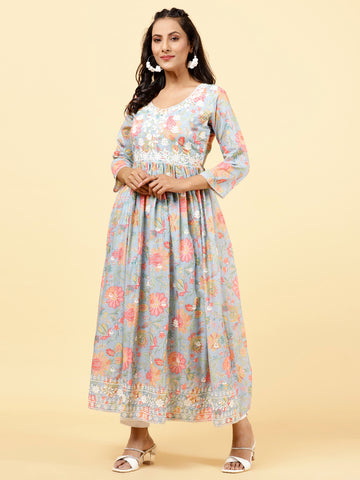Floral Printed & Neck Embroidered Cotton Kurta