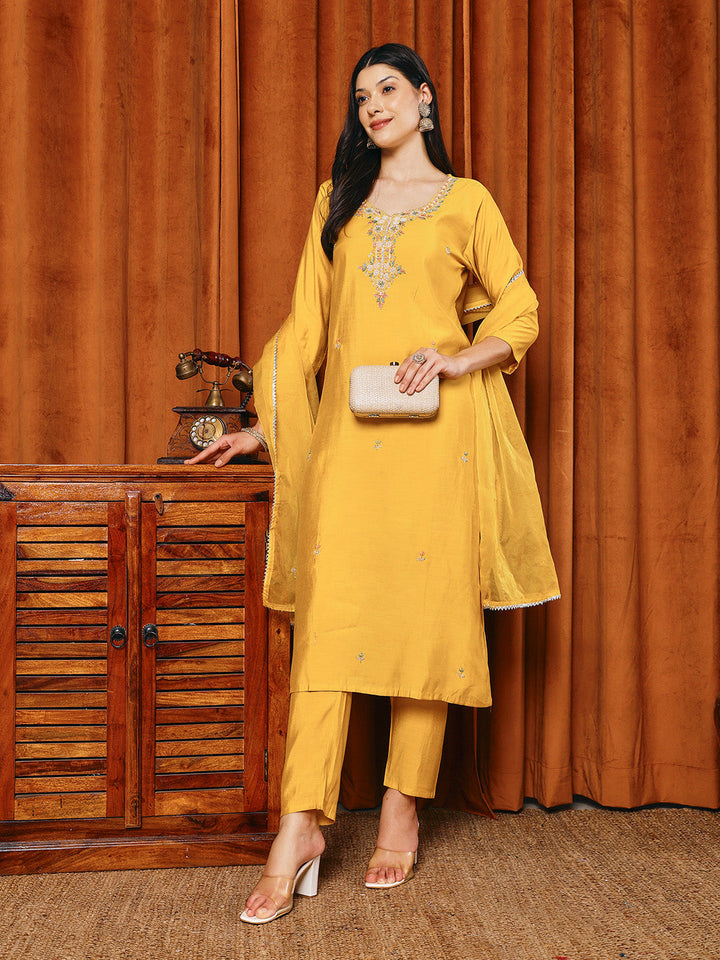 Embroidered Cotton Blend Kurta With Pants &amp; Dupatta