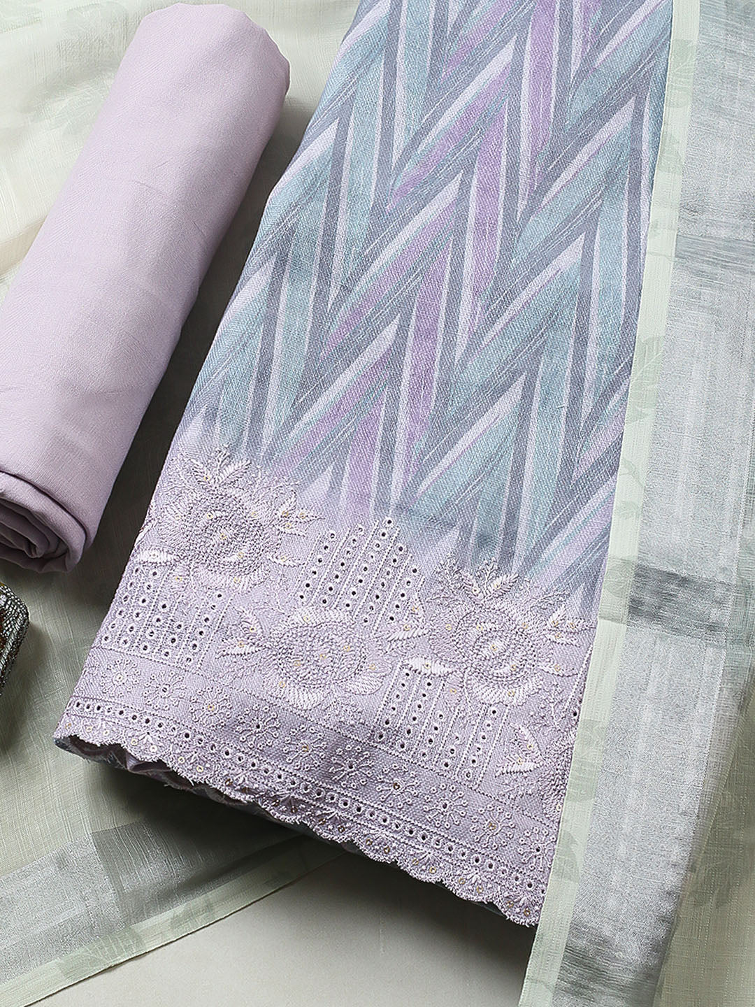 Embroidered Linen Blend Unstitched Suit With Pant &amp; Dupatta