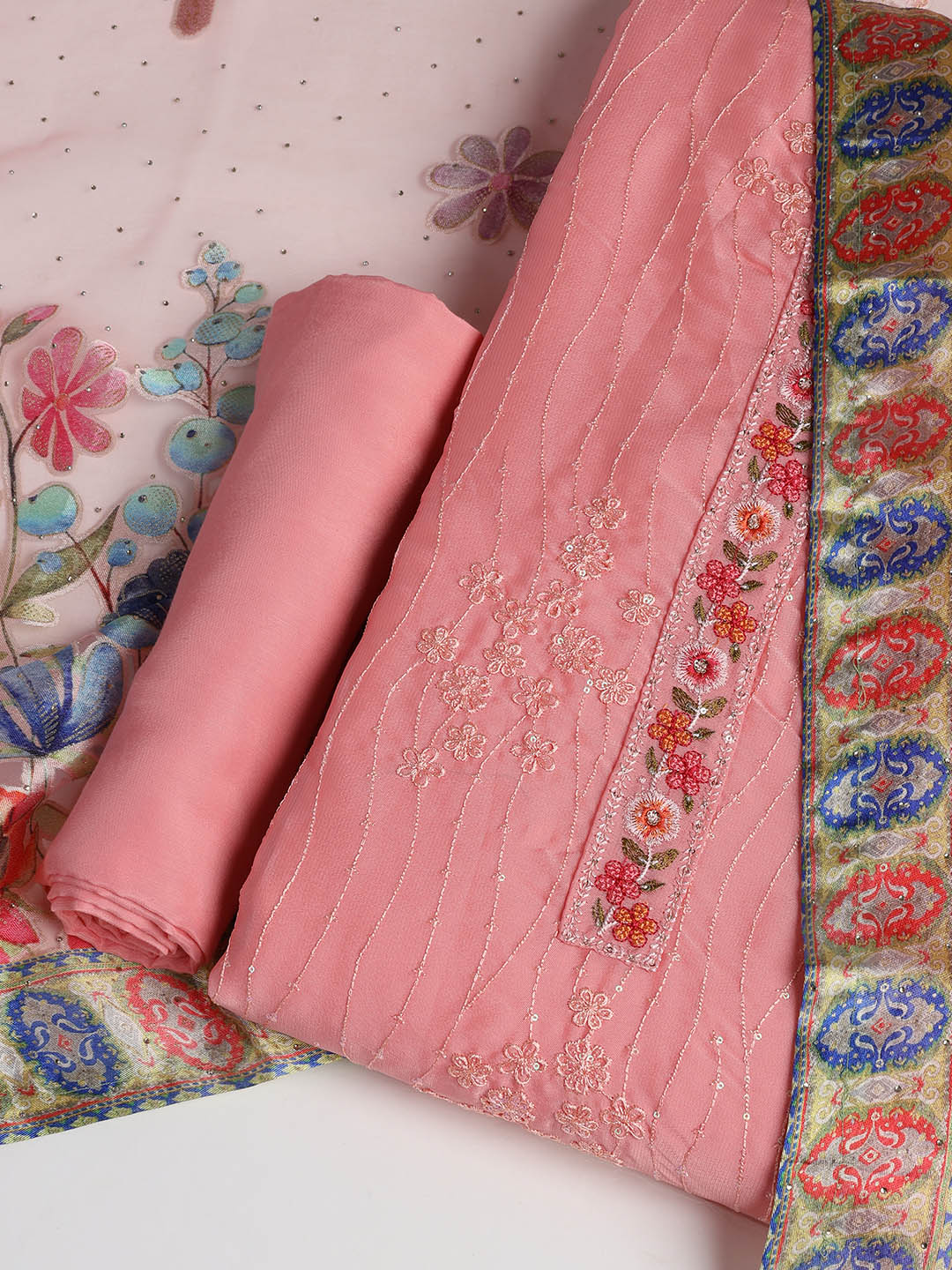 Embroidered Chinon Unstitched Suit With Dupatta