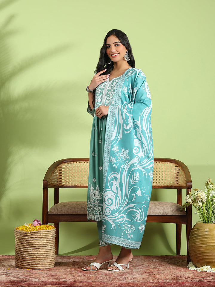 Embroidered Cotton Kurta With Pant &amp; Dupatta