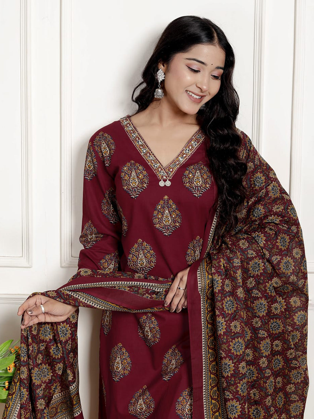 Printed Cotton Blend Kurta With Pants & Dupatta