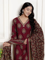Printed Cotton Blend Kurta With Pants & Dupatta