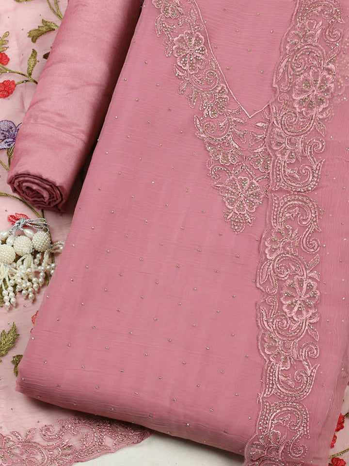 Embellished Organza Unstitched Suit With Pant &amp; Dupatta