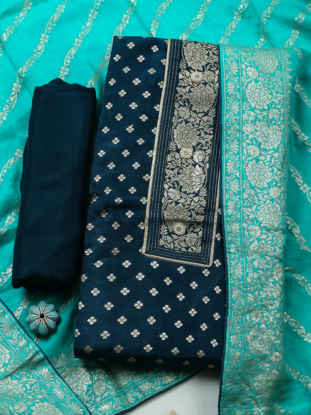 Woven Design Chanderi Unstitched Suit With Pant &amp; Dupatta