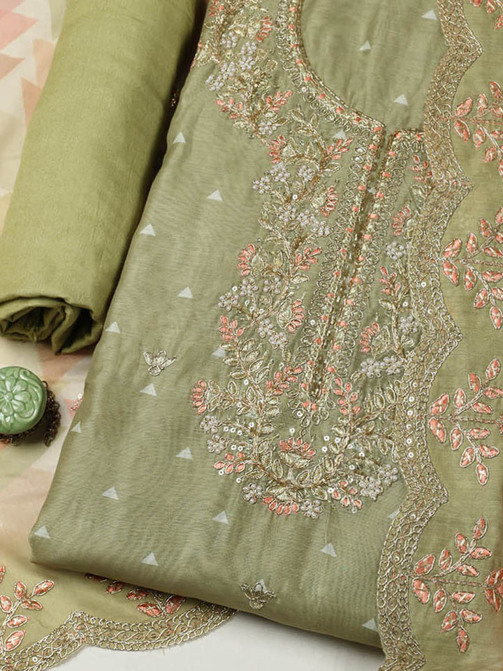 Embroidered Chanderi Unstitched Suit With Pant &amp; Dupatta