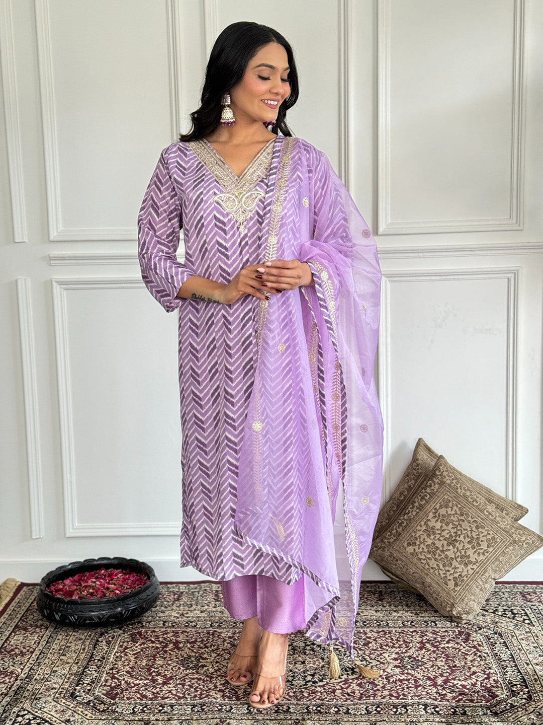 Neck Embroidery Cotton Blend Kurta With Pants &amp; Dupatta