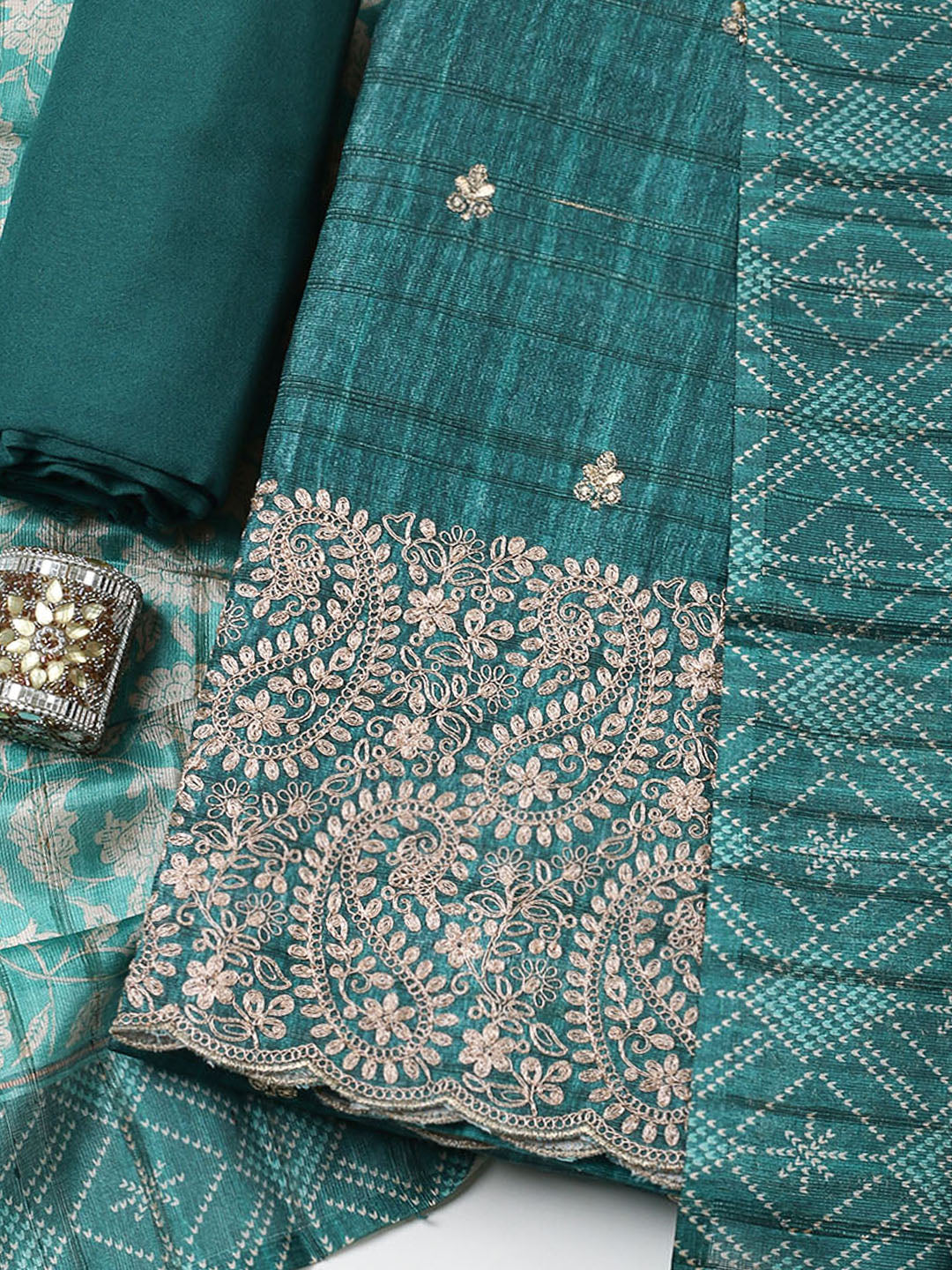 Embroidered Tussar Unstitched Suit With Pant &amp; Dupatta