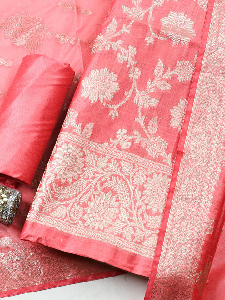 Woven Design Chanderi Unstitched Suit With Pant Dupatta