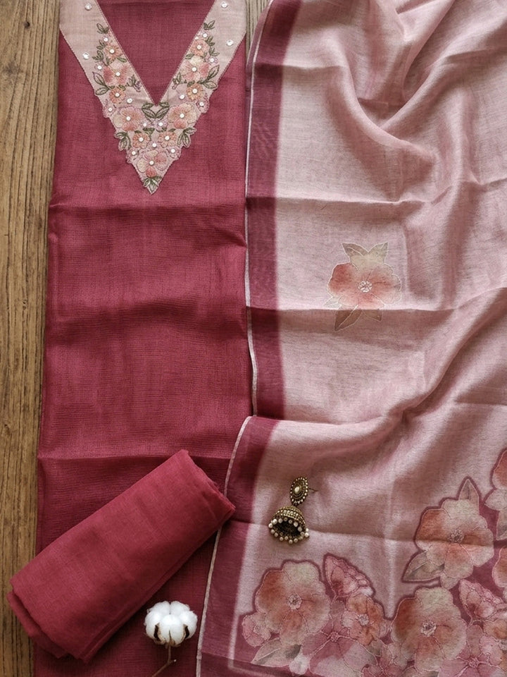 Embroidered Chanderi Unstitched Suit With Pant &amp; Dupatta