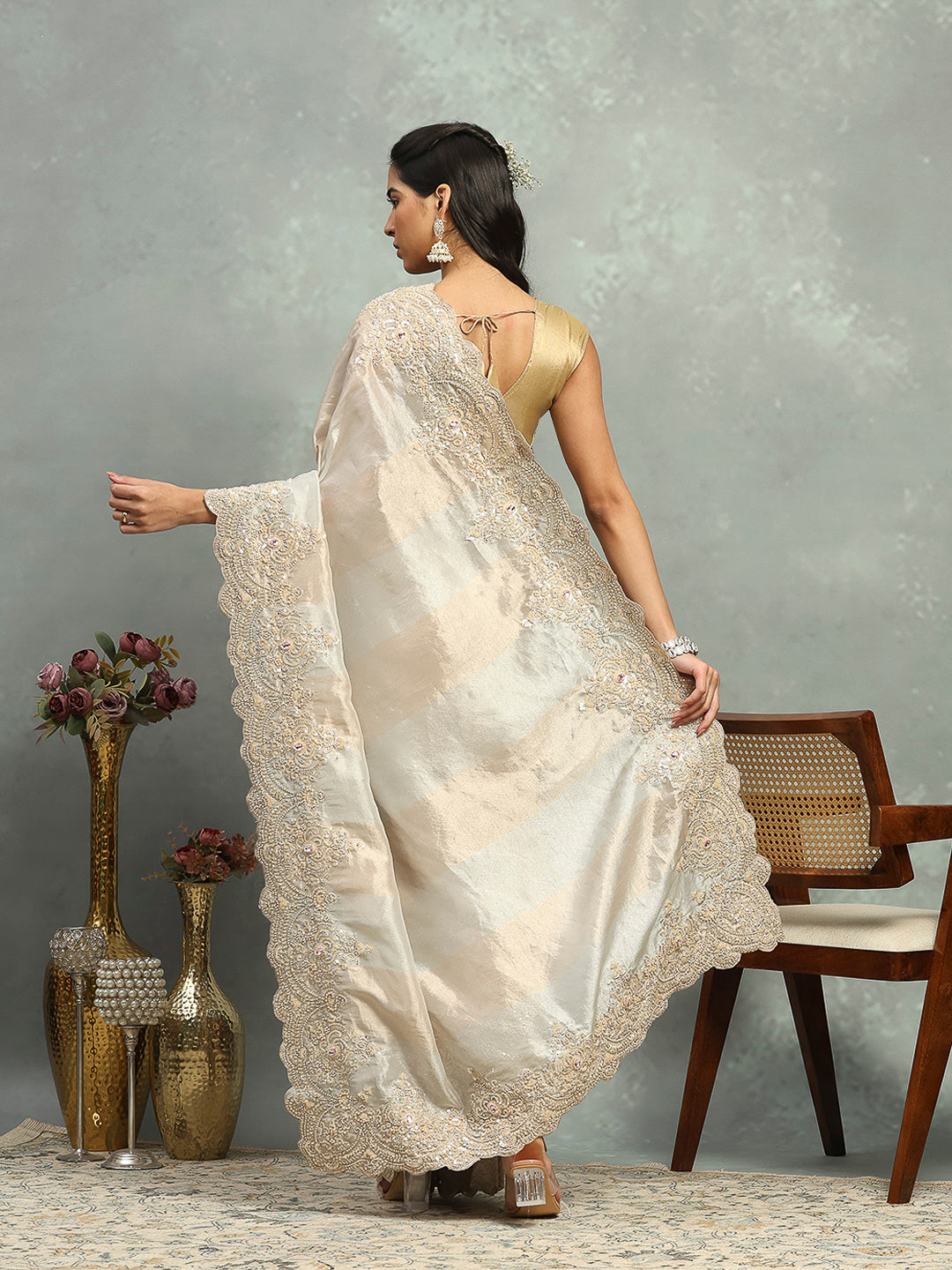 Zari Jaal &amp; Sequin Embroidered Tissue Saree