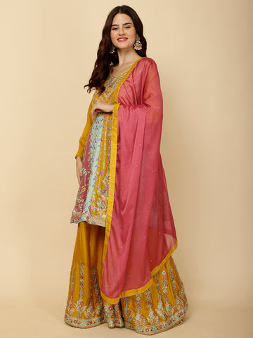 Embroidery Art Silk Suit Set With Dupatta & Sharara