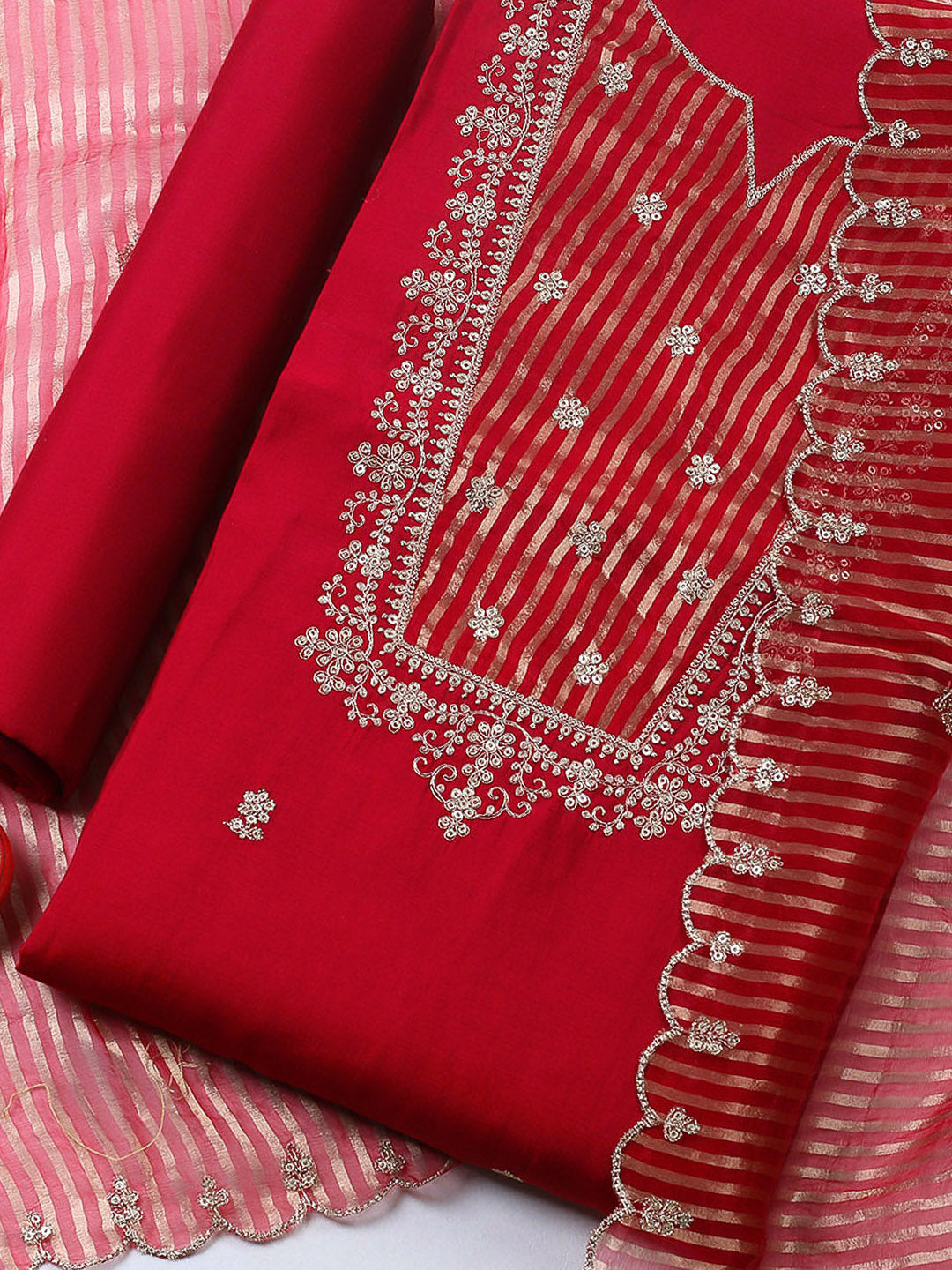 Embroidered Chanderi Unstitched Suit With Pant &amp; Dupatta