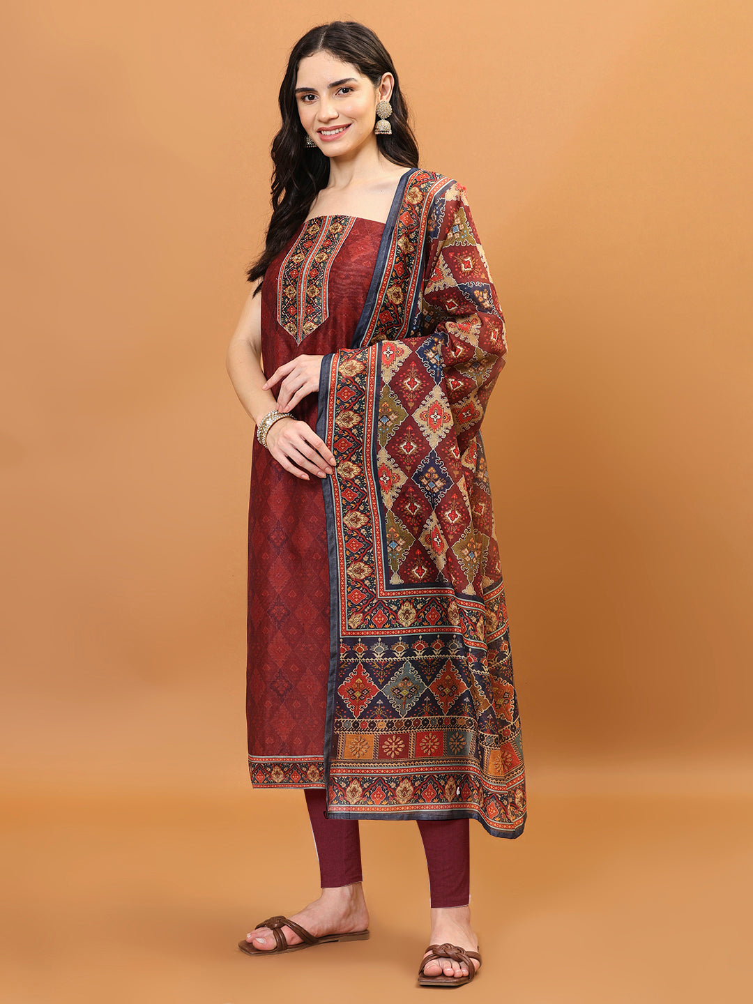 Printed Chanderi Unstitched Suit Piece With Dupatta