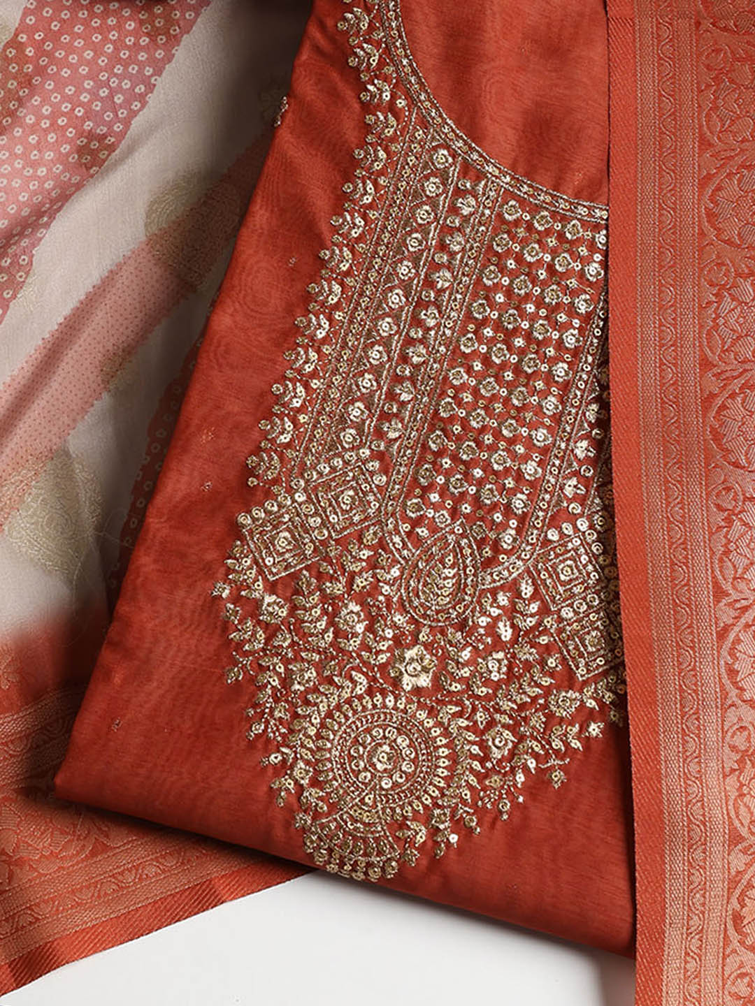 Neck Embroidered Chanderi Unstitched Suit With Dupatta