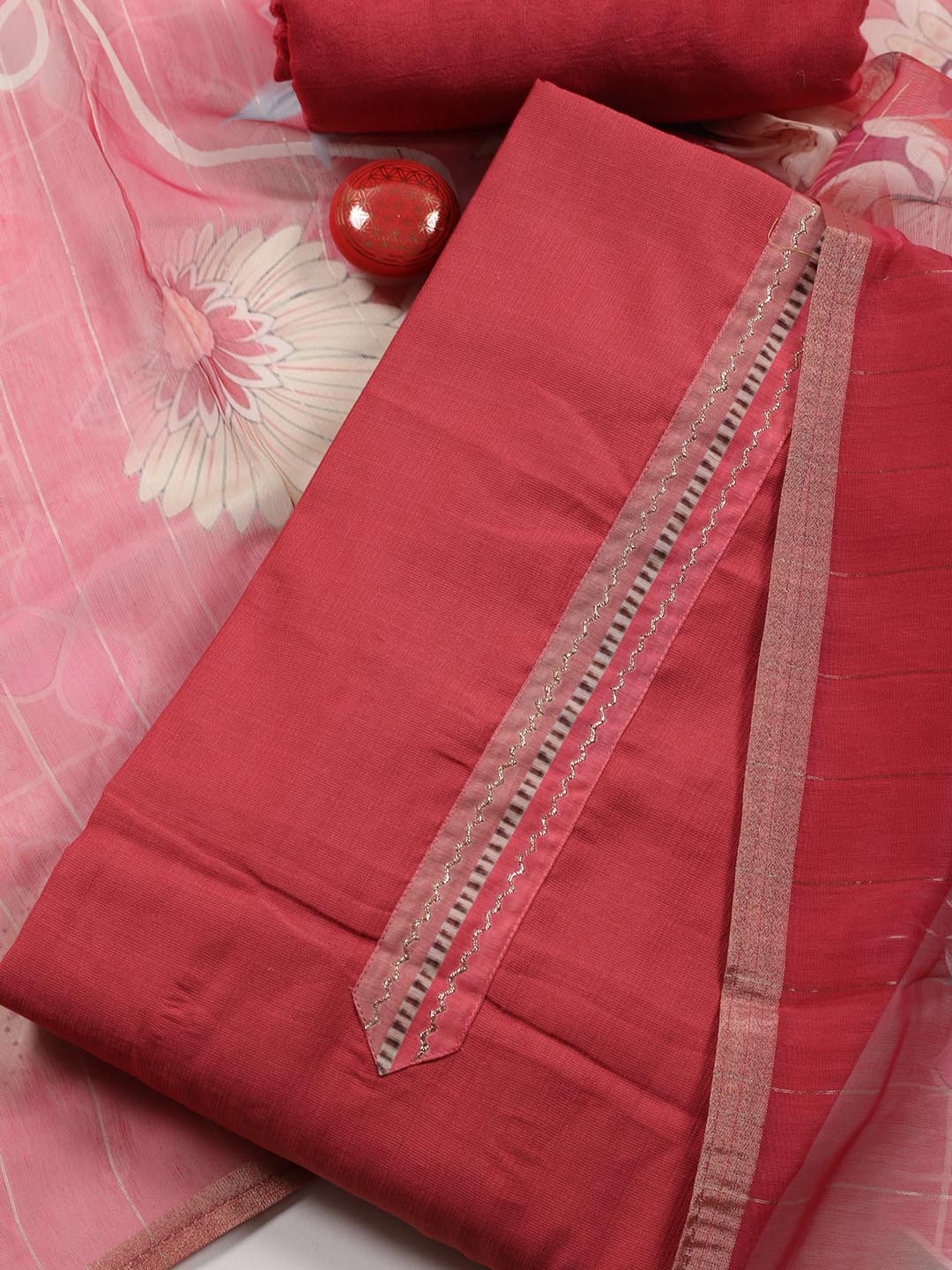 Neck Embroidered Cotton Blend Unstitched Suit Piece With Dupatta