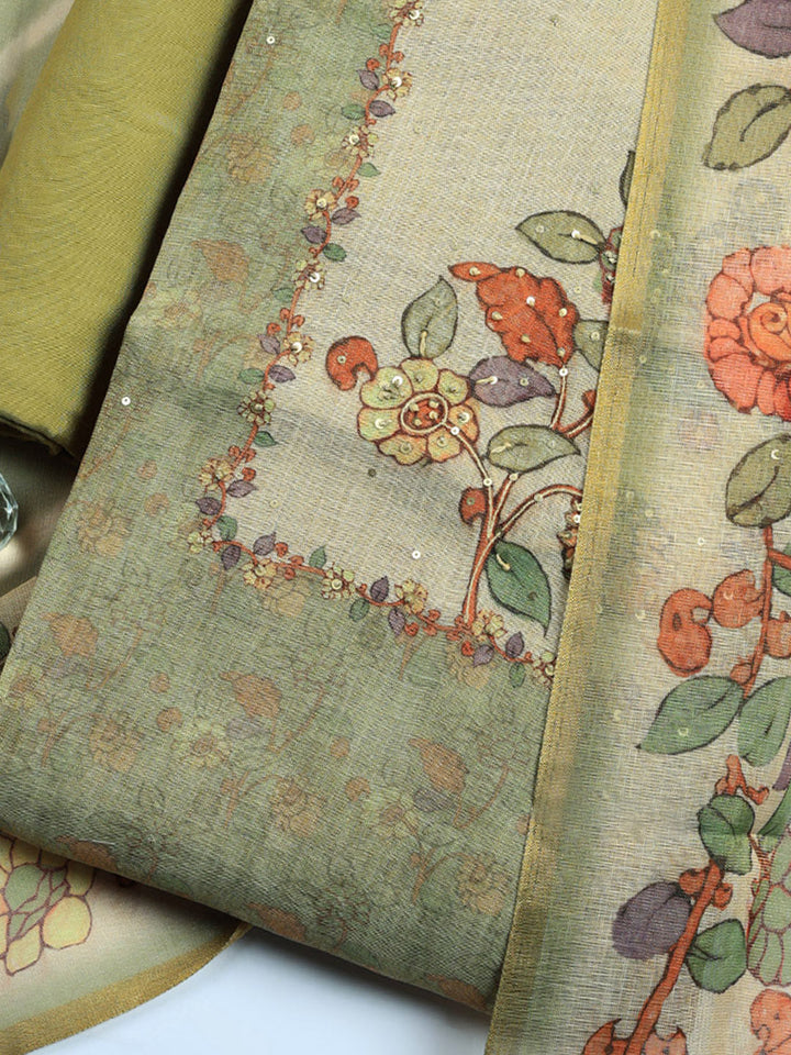 Printed Linen Blend Unstitched Suit With Pant &amp; Dupatta