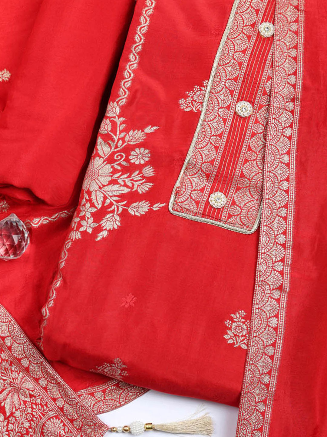 Embroidered Chanderi Unstitched Suit With Pant &amp; Dupatta