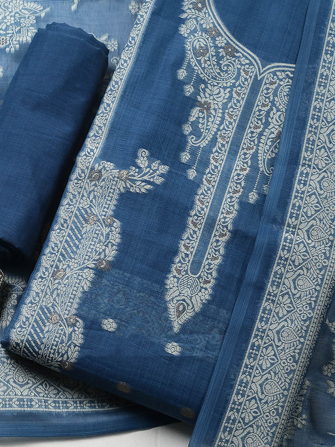 Printed Chanderi Unstitched Suit With Pant &amp; Dupatta