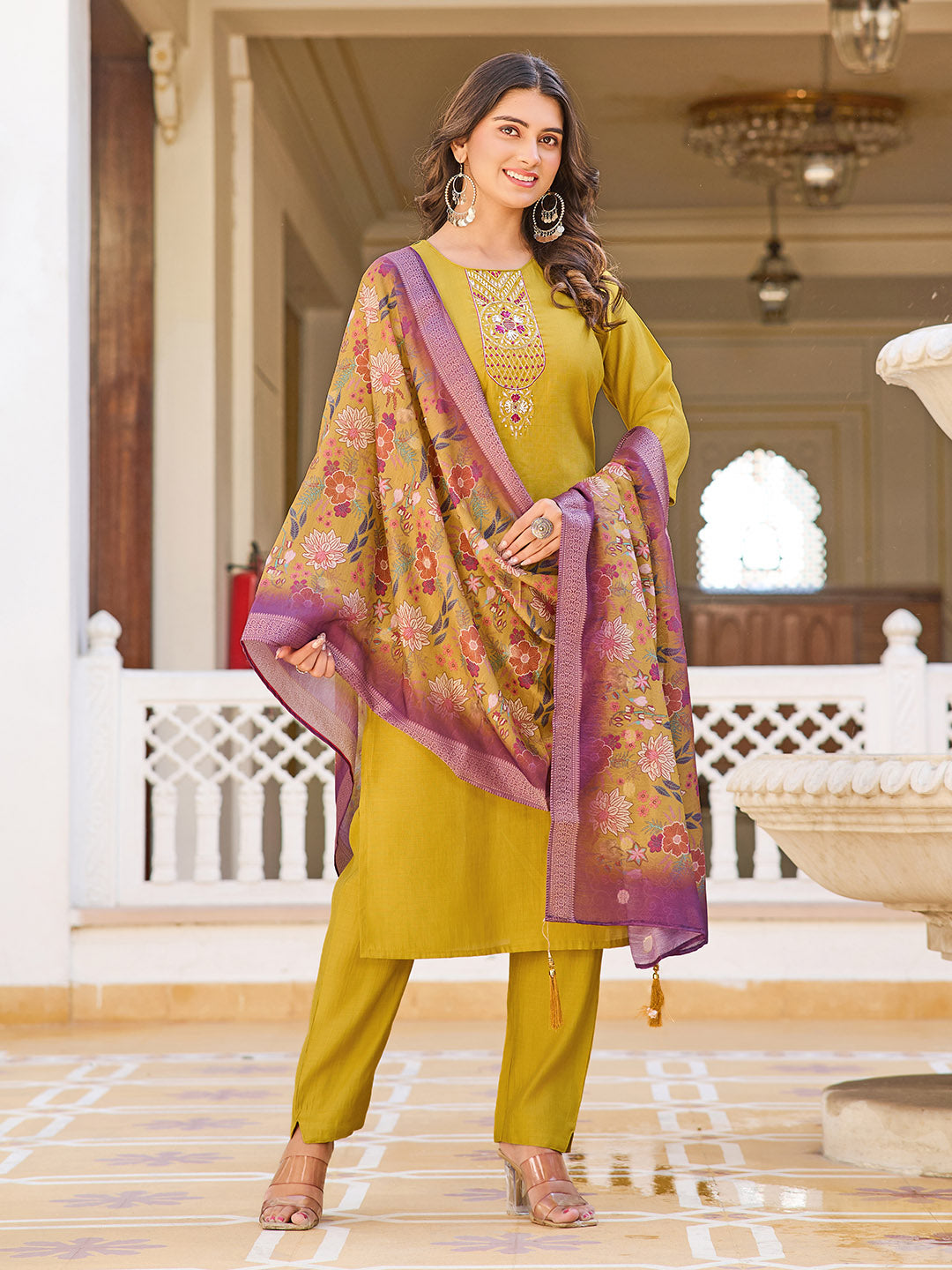 Neck Embroidery Cotton Blend Kurta With Pants &amp; Dupatta