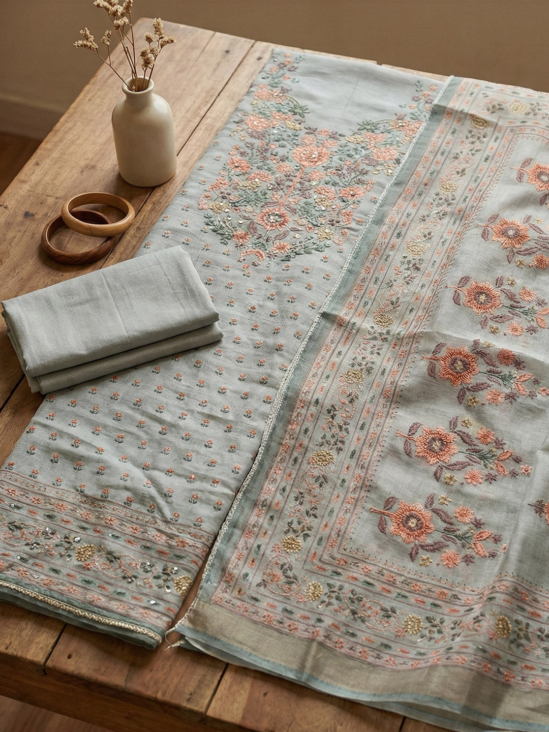 Embroidered Cotton Blend Unstitched Suit With Pant &amp; Dupatta