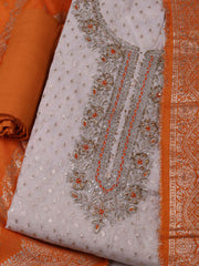 Embroidered Chanderi Cream-Orange Unstitched Suit With Pant & Dupatta