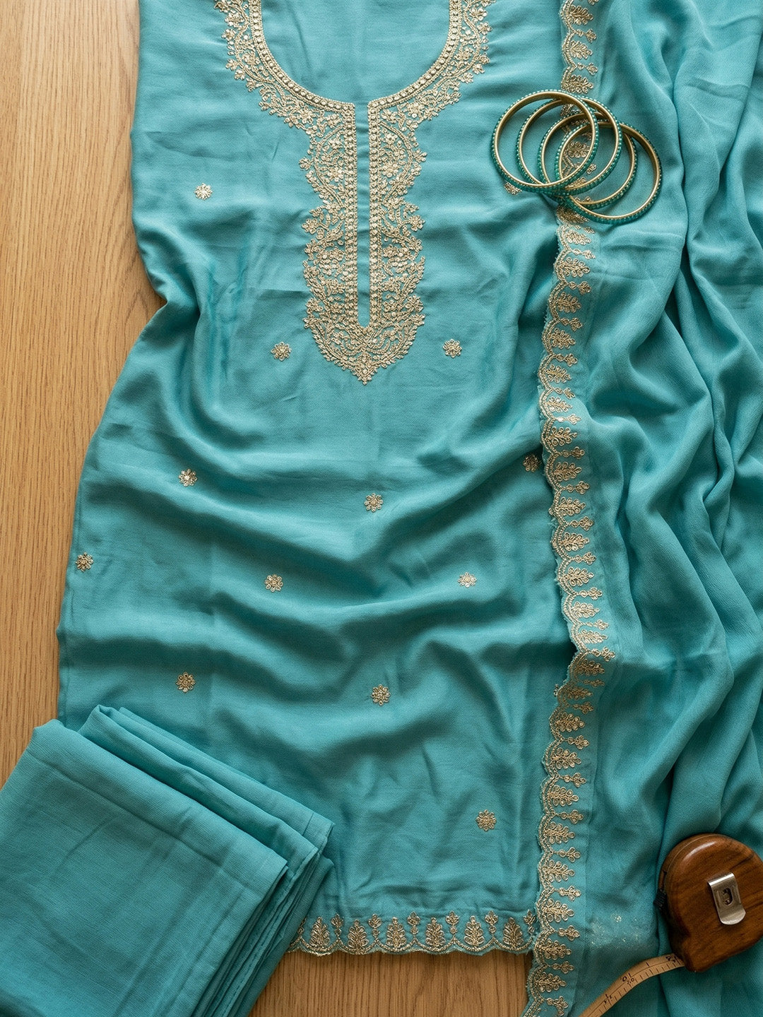 Embroidered Chanderi Unstitched Suit With Pant &amp; Dupatta