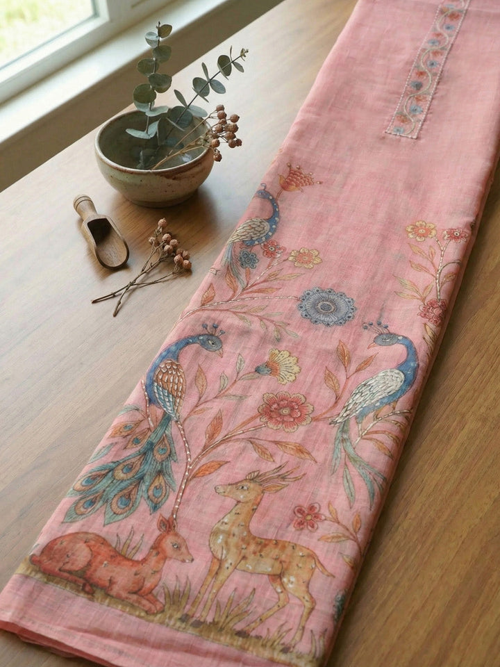 Printed Linen Blend Unstitched Suit With Pant &amp; Dupatta