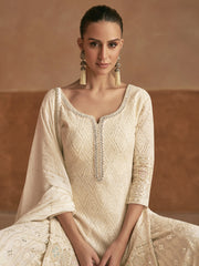 Embroidered Geogrette Kurta With Plazzo & Dupatta