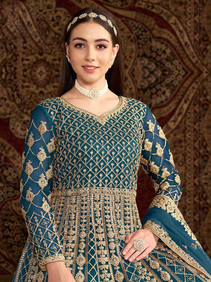 Embroidered Net Semi Stitched Gown With Dupatta