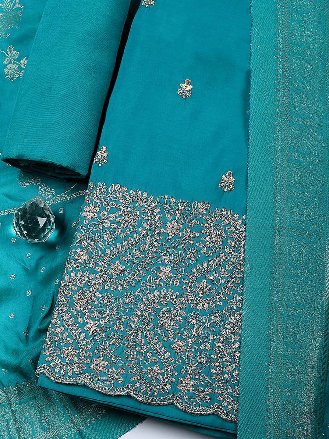 Embroidered Chanderi Unstitched Suit With Pant &amp; Dupatta