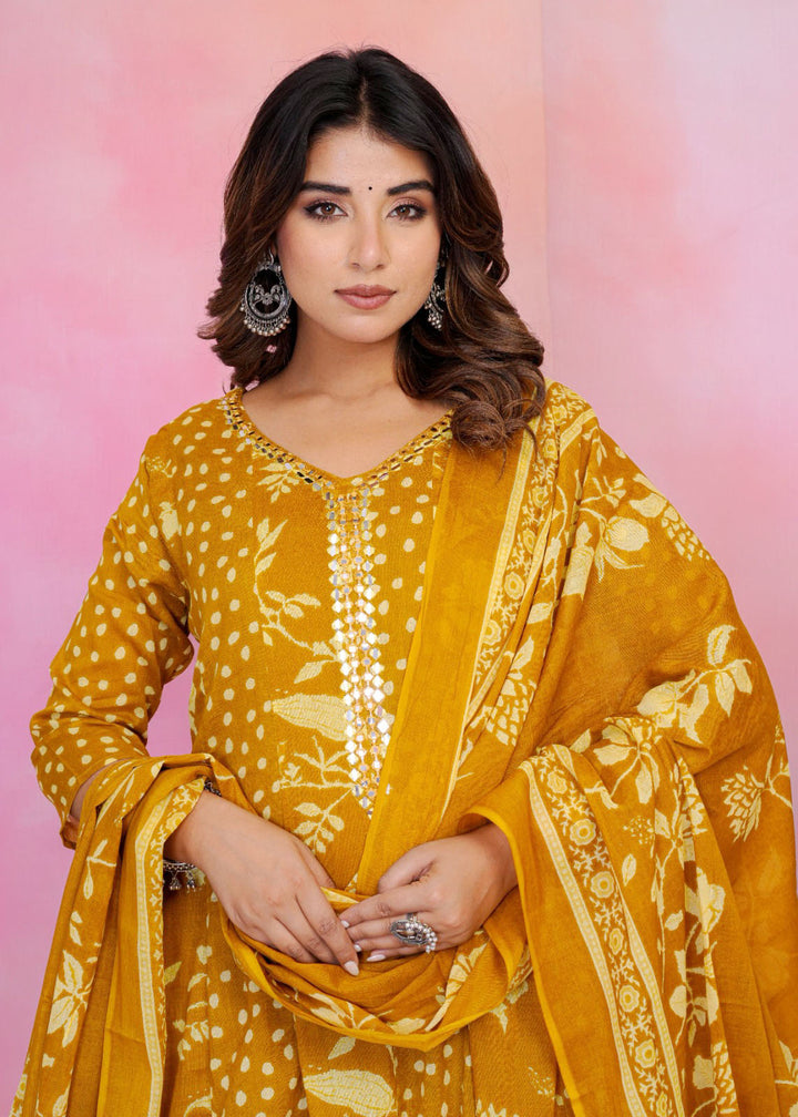 Mustard Cotton Blend Printed A Line Suit Set