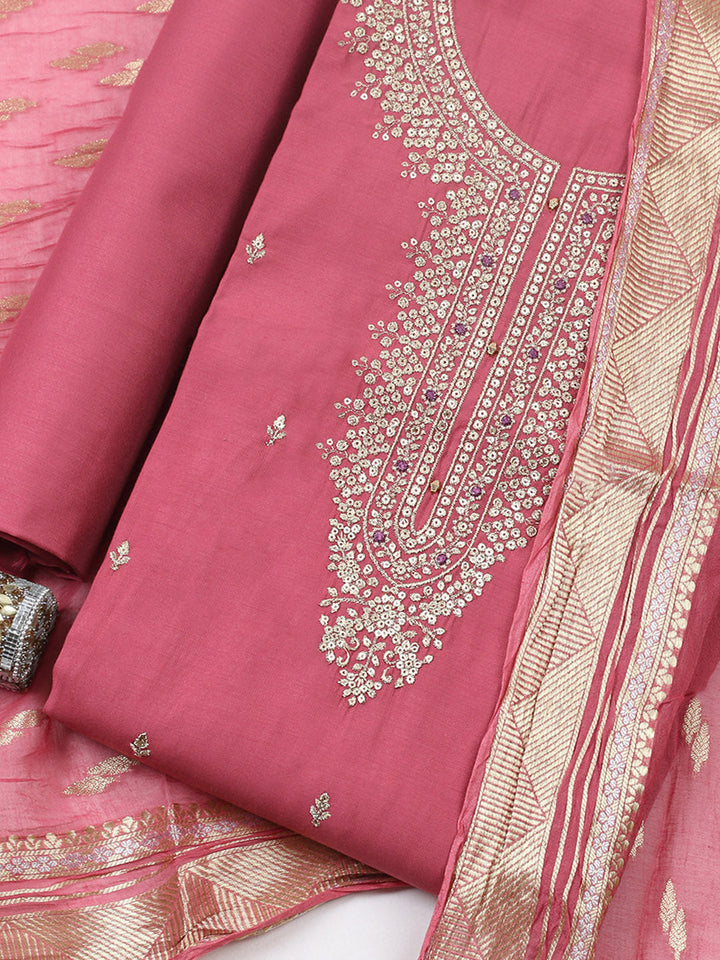 Embroidered Chanderi Unstitched Suit With Pant &amp; Dupatta
