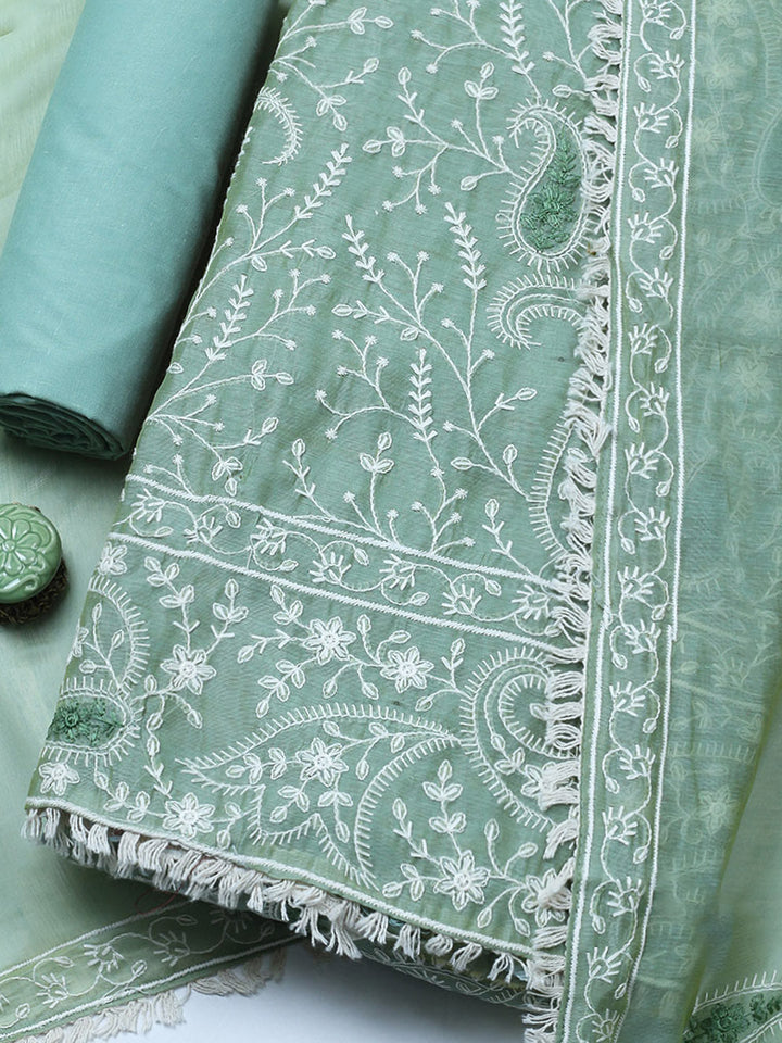 Embroidered Cotton Blend Unstitched Suit With Pant &amp; Dupatta
