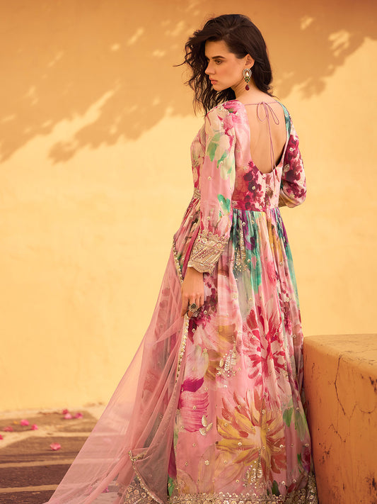 Printed & Embroidered Chinon Gown With Dupatta