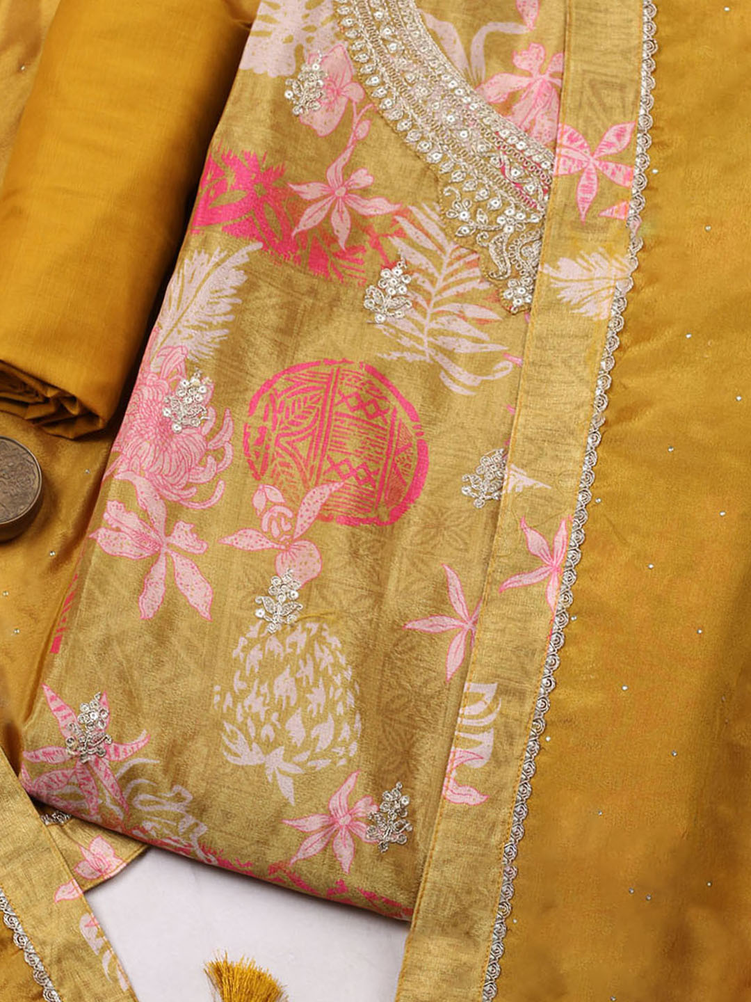 Embroidered Chinon Unstitched Suit With Pant &amp; Dupatta