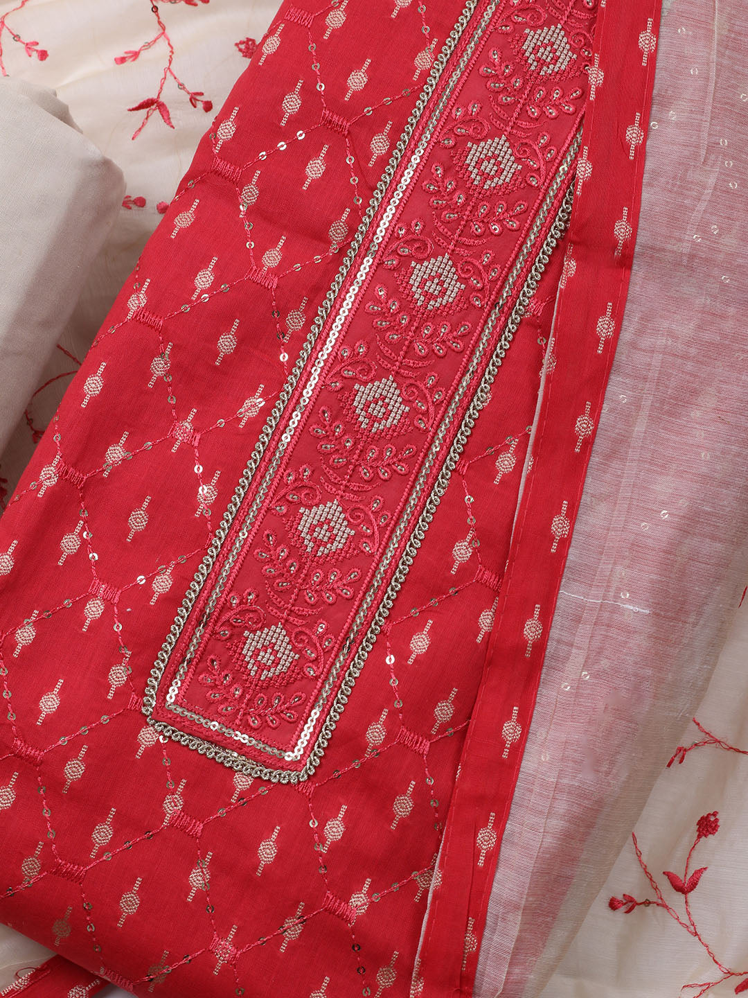 Neck Embroidered Cotton Blend Unstitched Suit With Dupatta