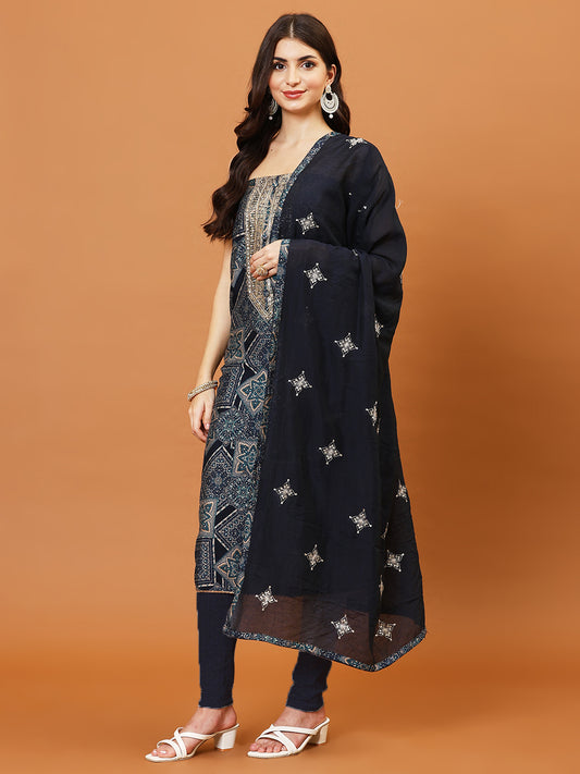 Neck Embroidered Cotton Blend Unstitched Suit Piece With Dupatta