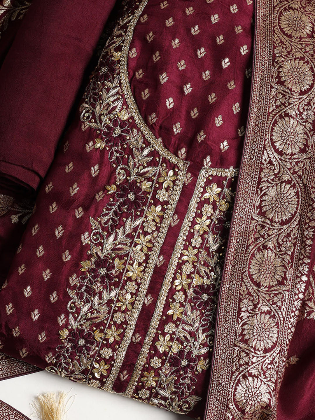 Neck Embroidered Chanderi Unstitched Suit With Dupatta