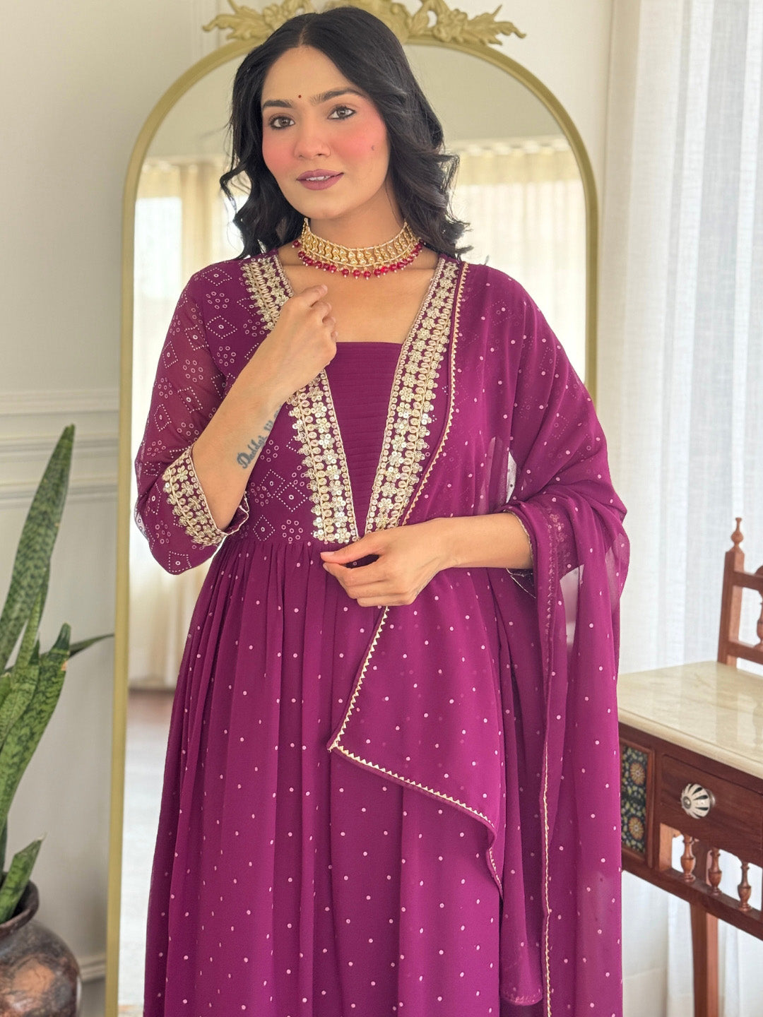 Neck Embroidered Georgette Kurta With Pants & Dupatta