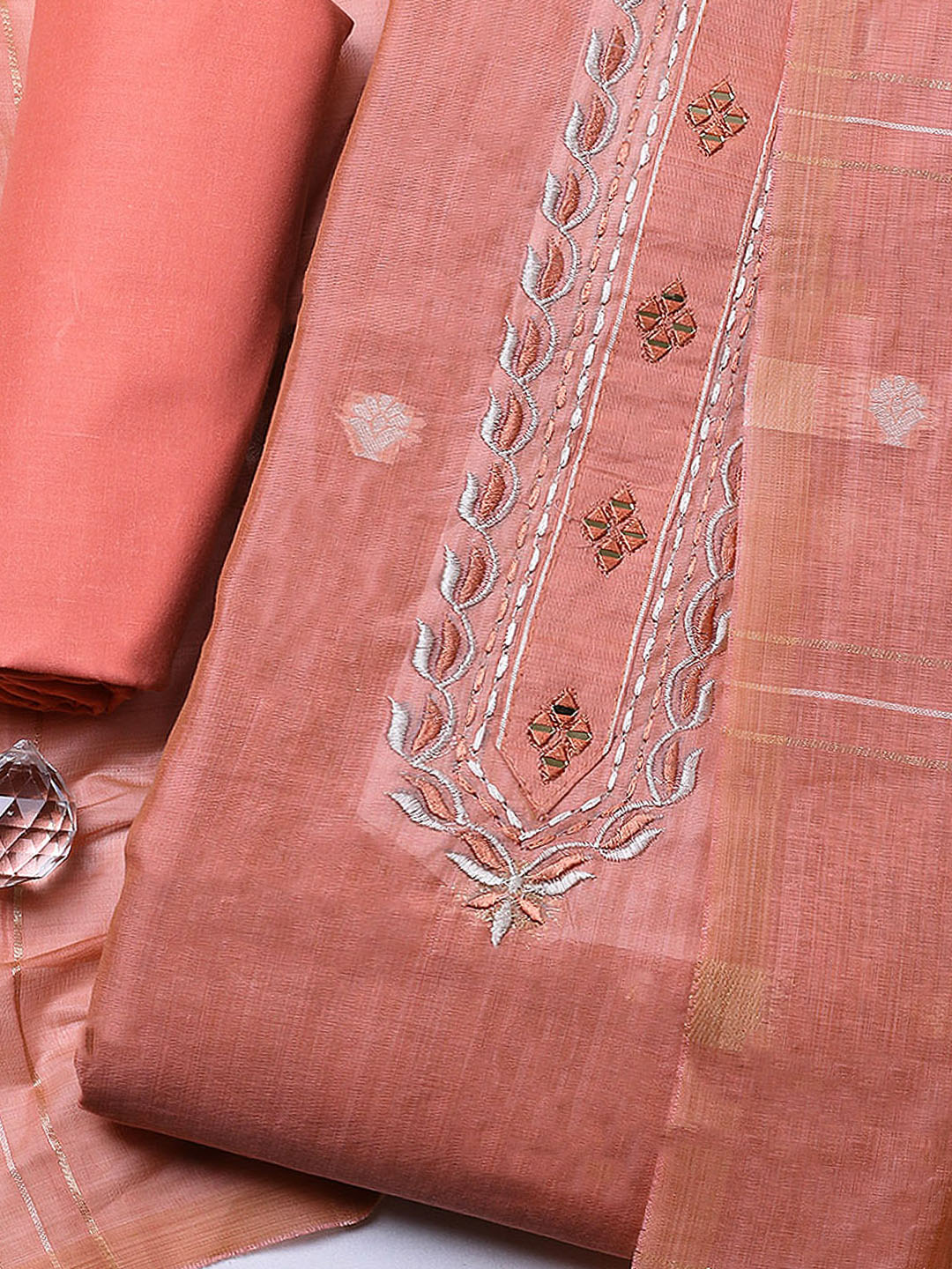 Embroidered Cotton Blend Unstitched Suit With Pant &amp; Dupatta