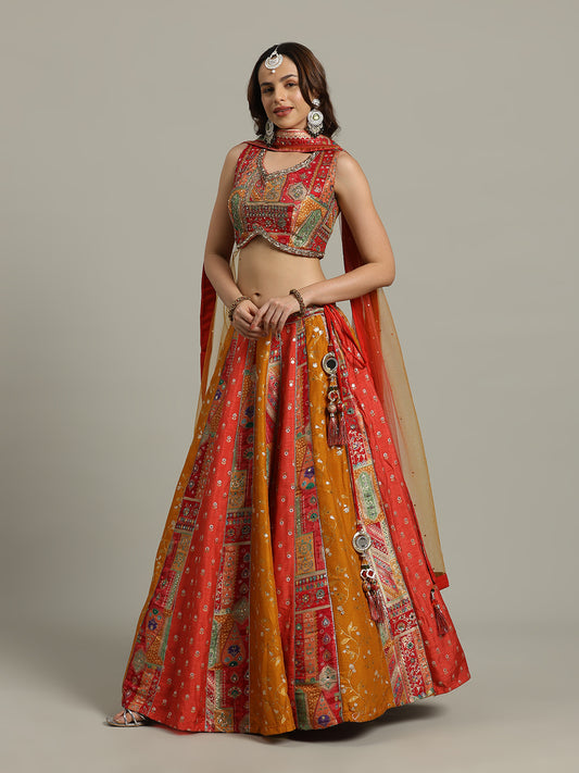 Multi Kali Art Silk Choli With Lehenga & Dupatta