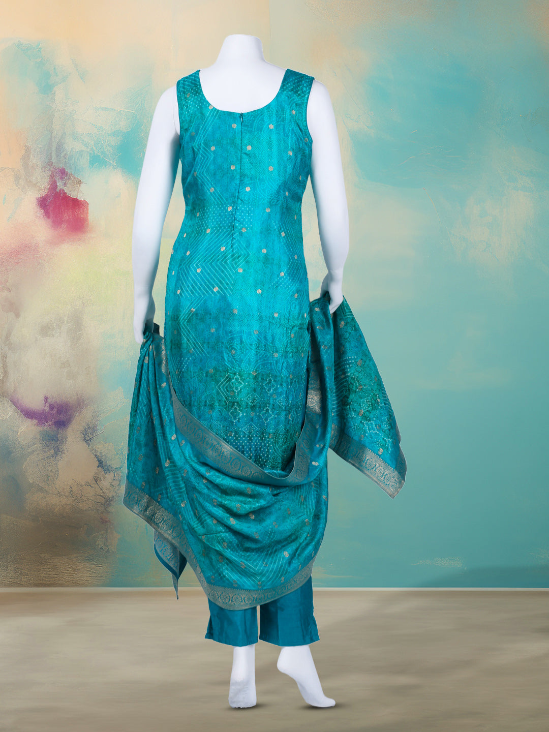 Bandhani Printed Art Silk Kurta With Pants & Dupatta