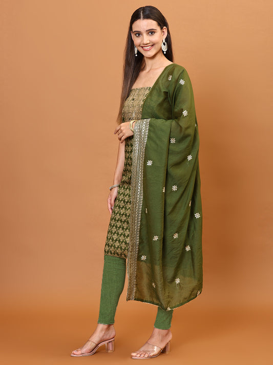 Neck Embroidery & Printed Cotton Unstitched Suit Piece With Dupatta