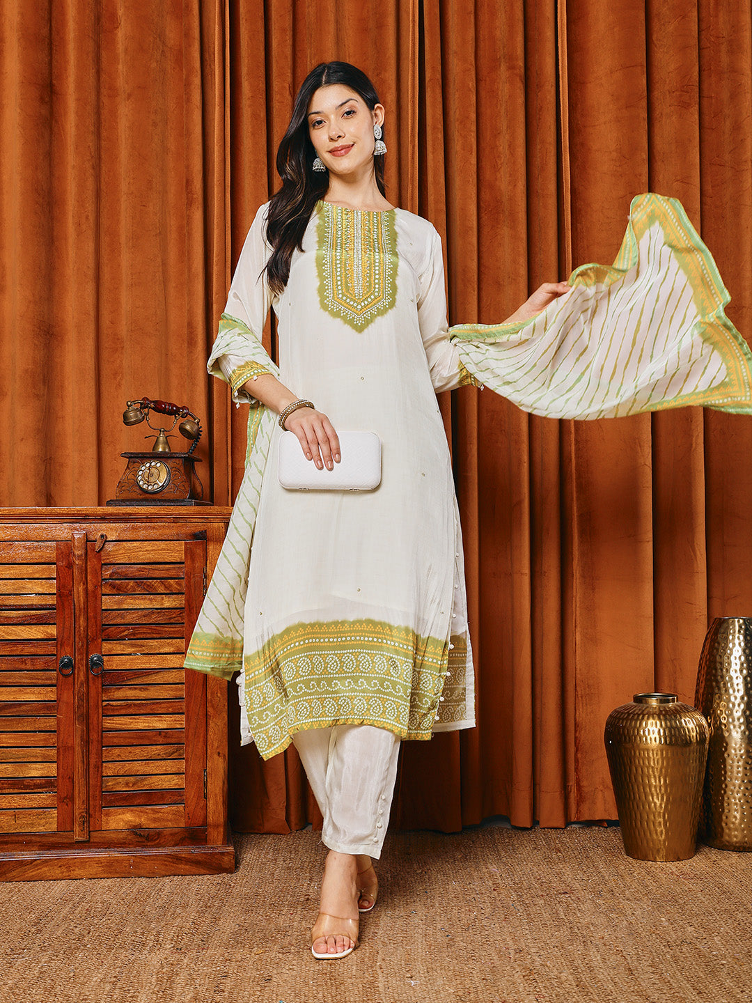 Bandhani Printed Crepe Kurta With Pants &amp; Dupatta