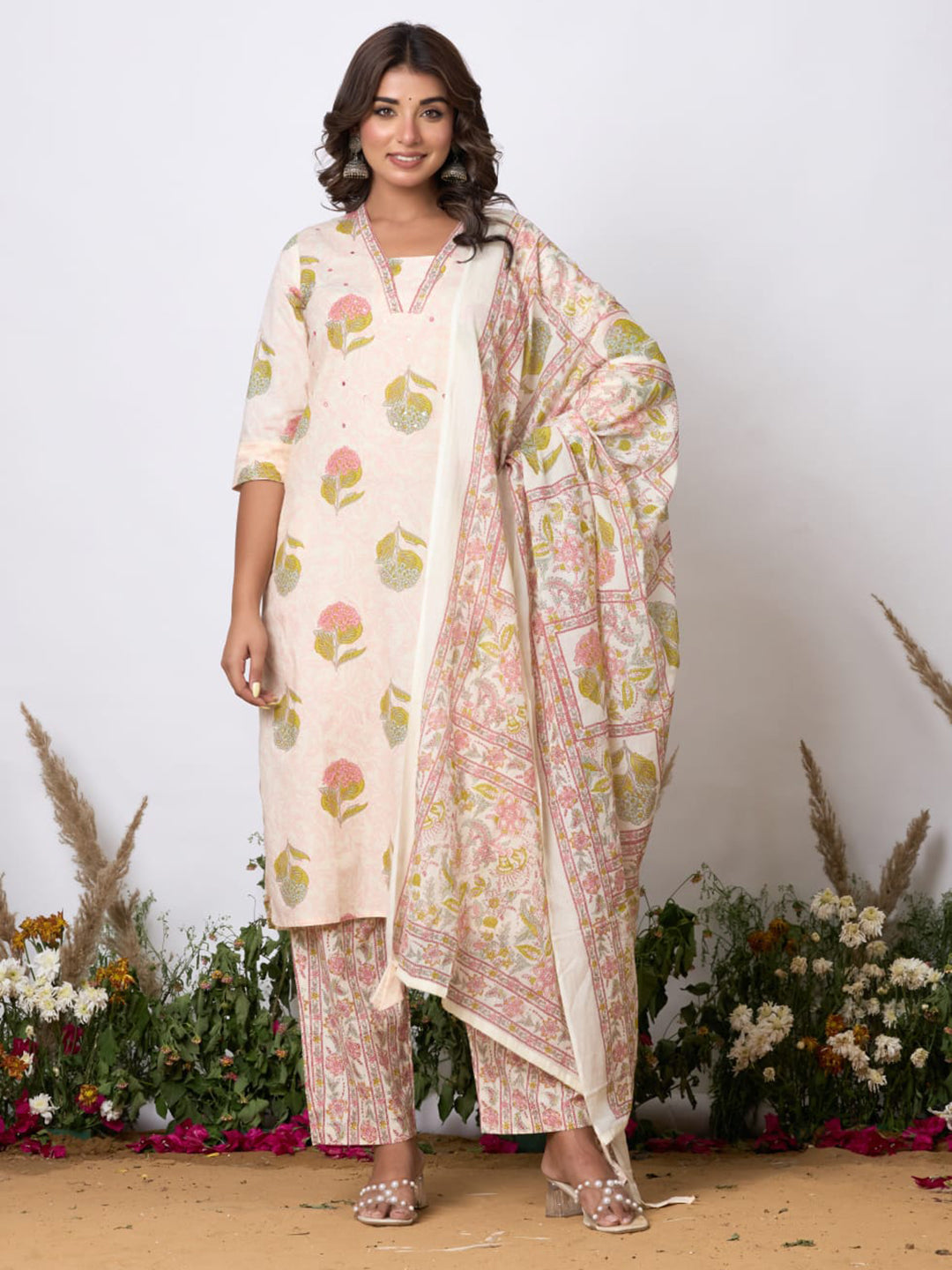 Printed Cotton Blend Kurta With Pants & Dupatta