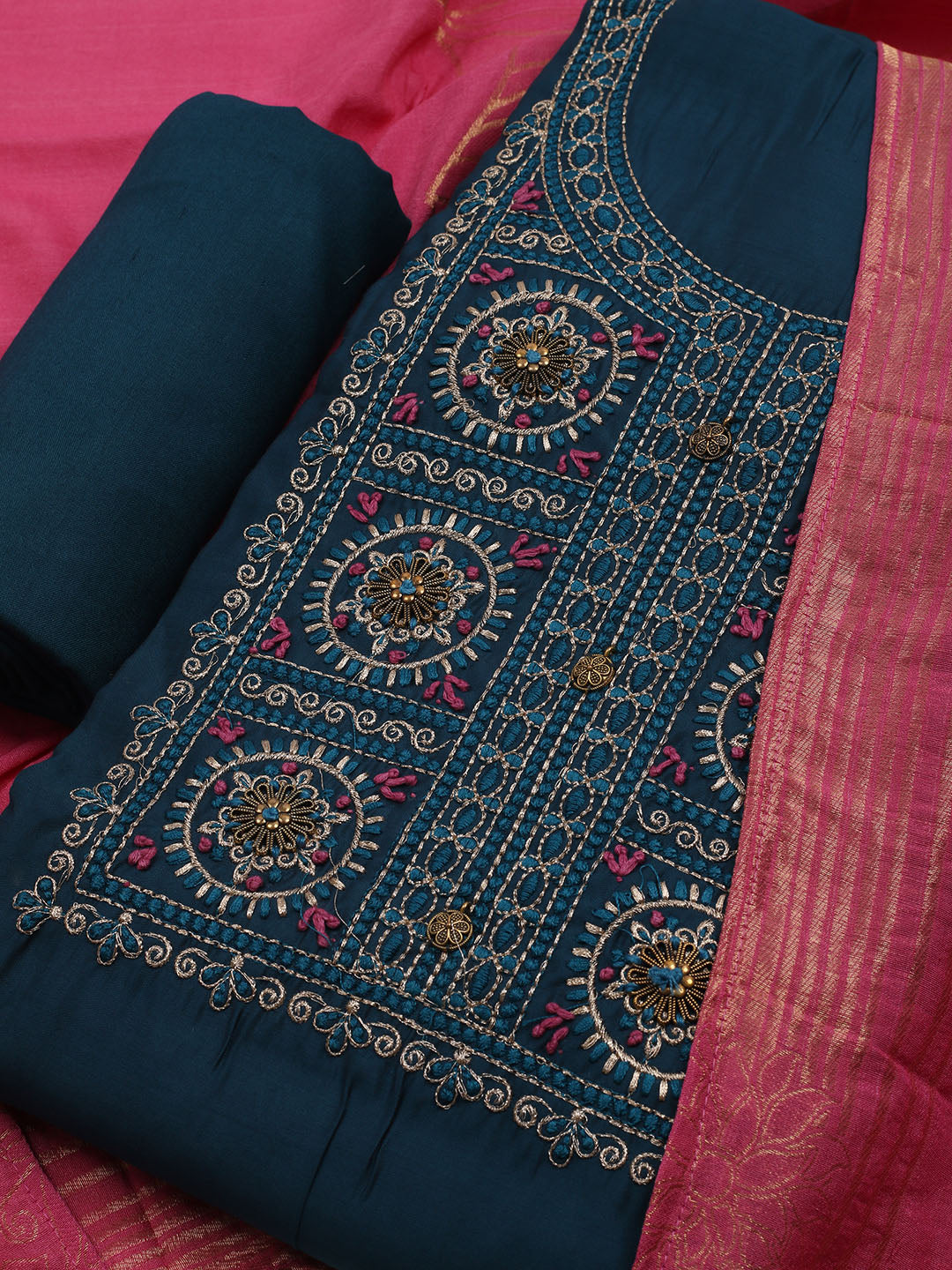 Gota Work Chanderi Unstitched Suit With Dupatta