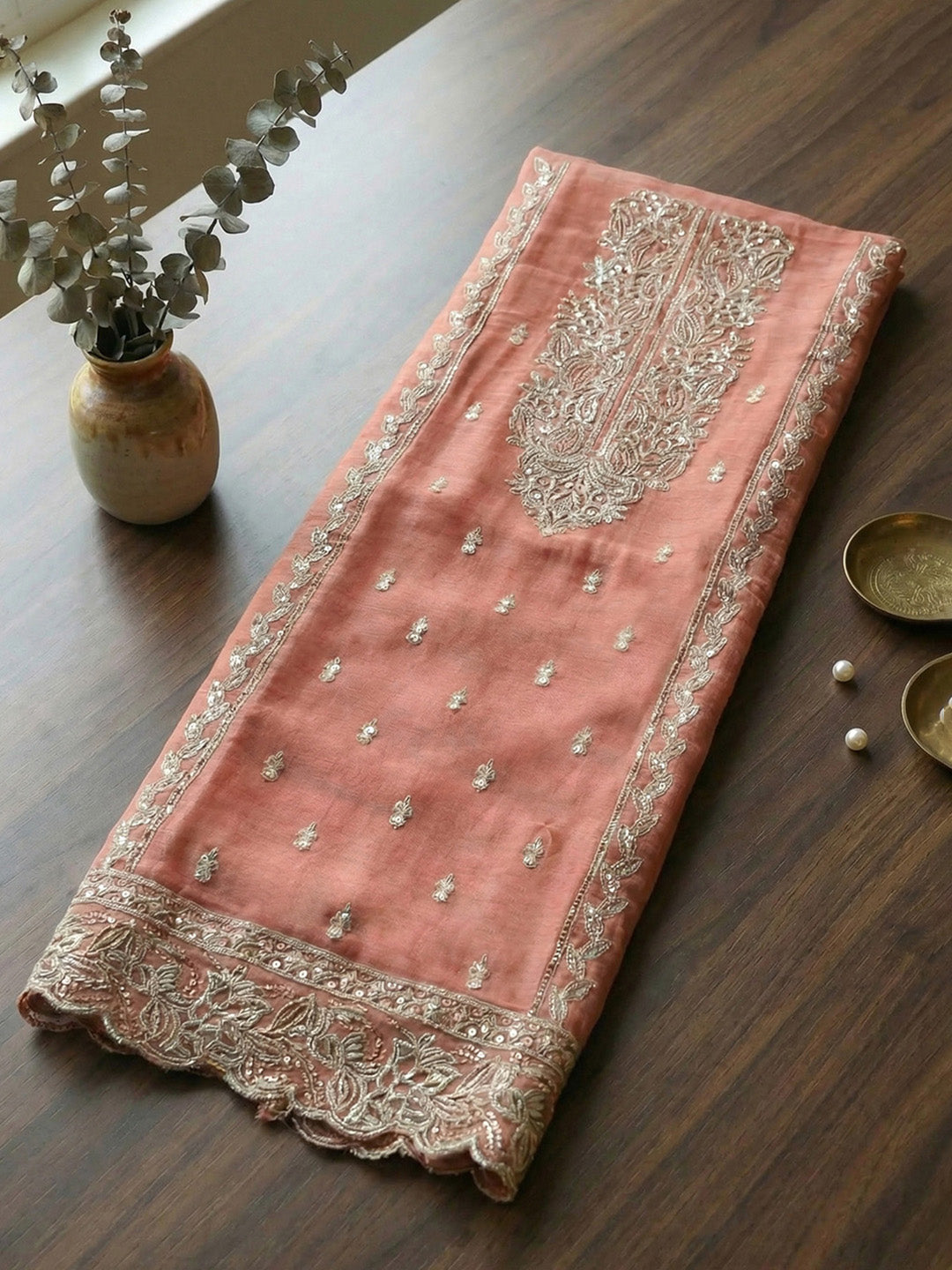Embroidered Tissue Unstitched Suit With Pant &amp; Dupatta