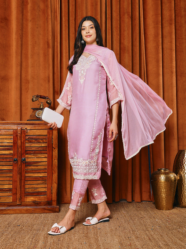 Resham Work Organza Kurta With Pants &amp; Dupatta